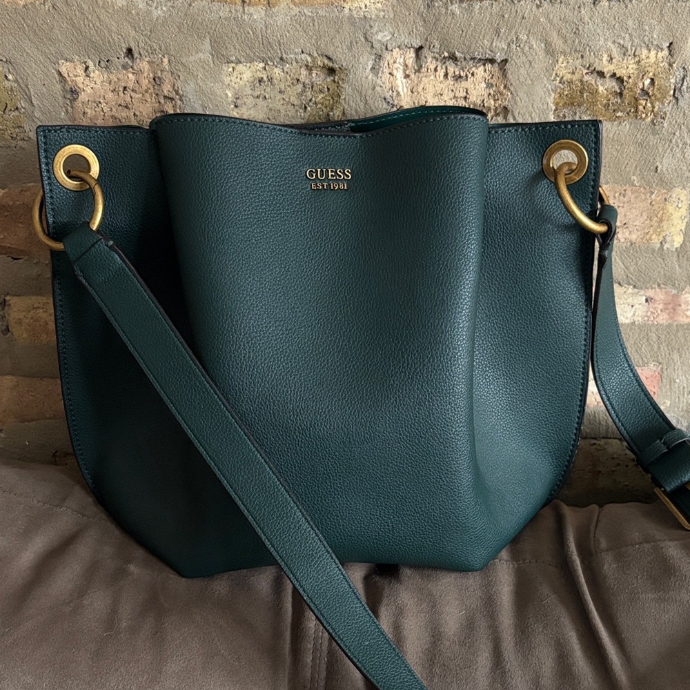 Guess Dark Teal Shoulder Bag with Gold Accents